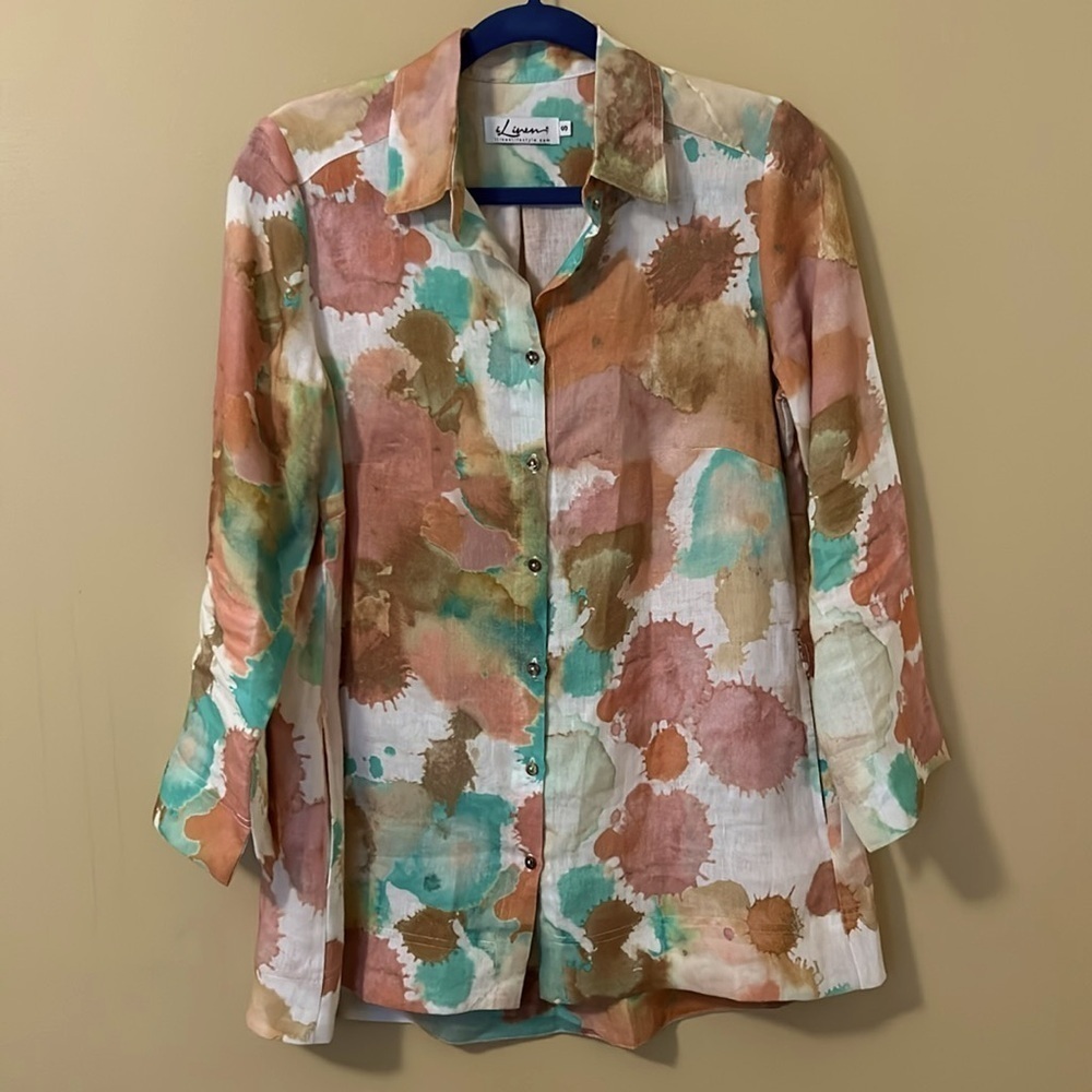I Linen 100% Linen Top 3/4 Sleeve White and Multicolor Button Shirt Size S